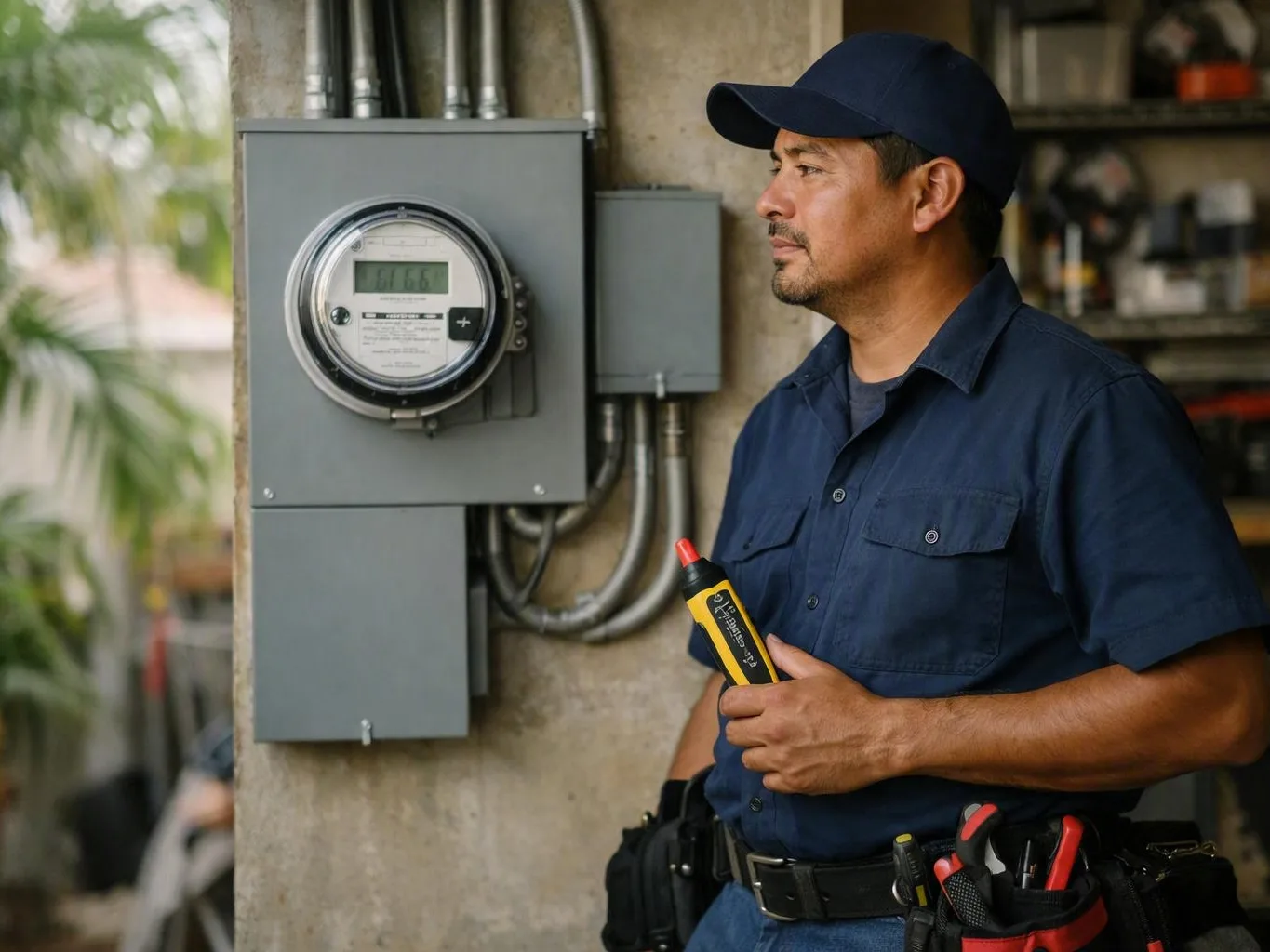 Utility worker checking an electric meter beside an indoor concrete wall