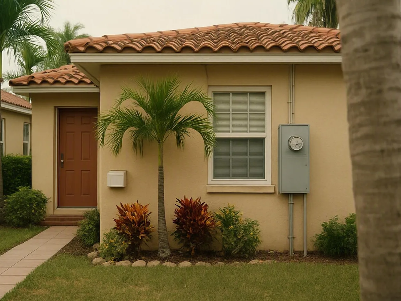 Beige stucco house with red tile roof, palm trees, and landscaped walkway