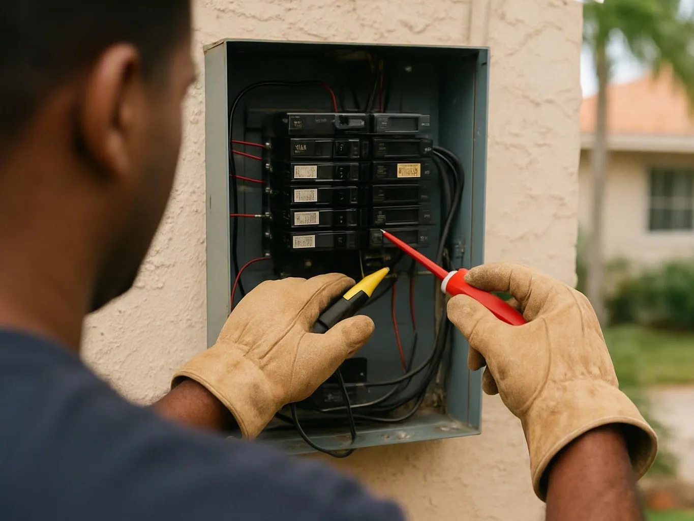 Electrician testing a breaker panel inside a North Miami home