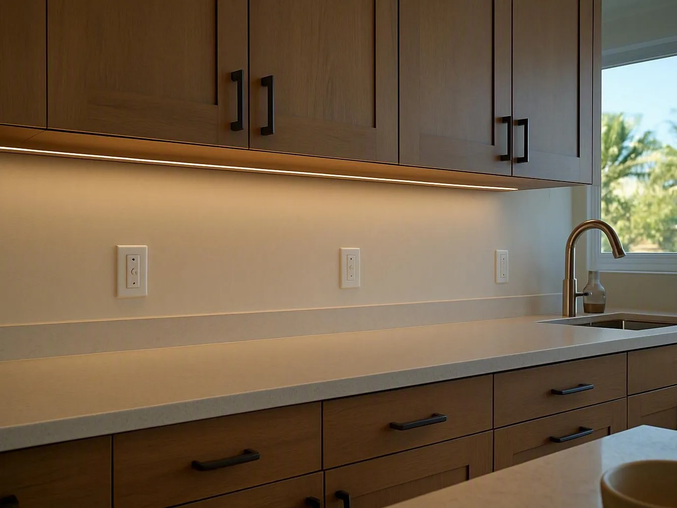 Modern kitchen with wood cabinets, under-cabinet lighting, countertop, and sink