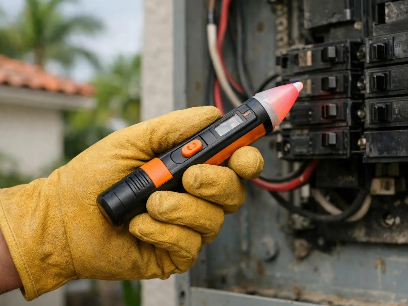 Electrician checking generator wiring beside a commercial building