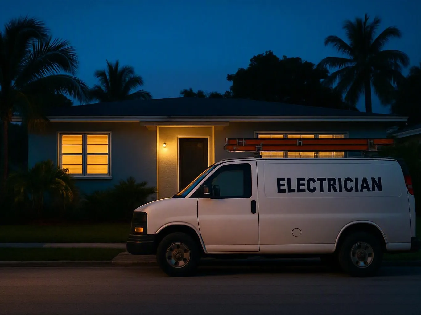 White electrician van with ladders parked outside a lit house at dusk