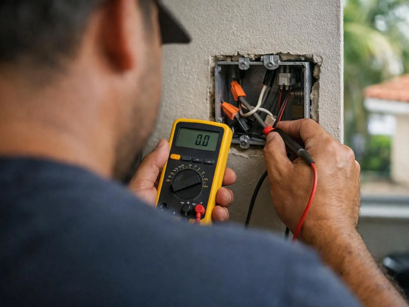 Technician tests exposed outdoor wall wiring with a yellow multimeter near a