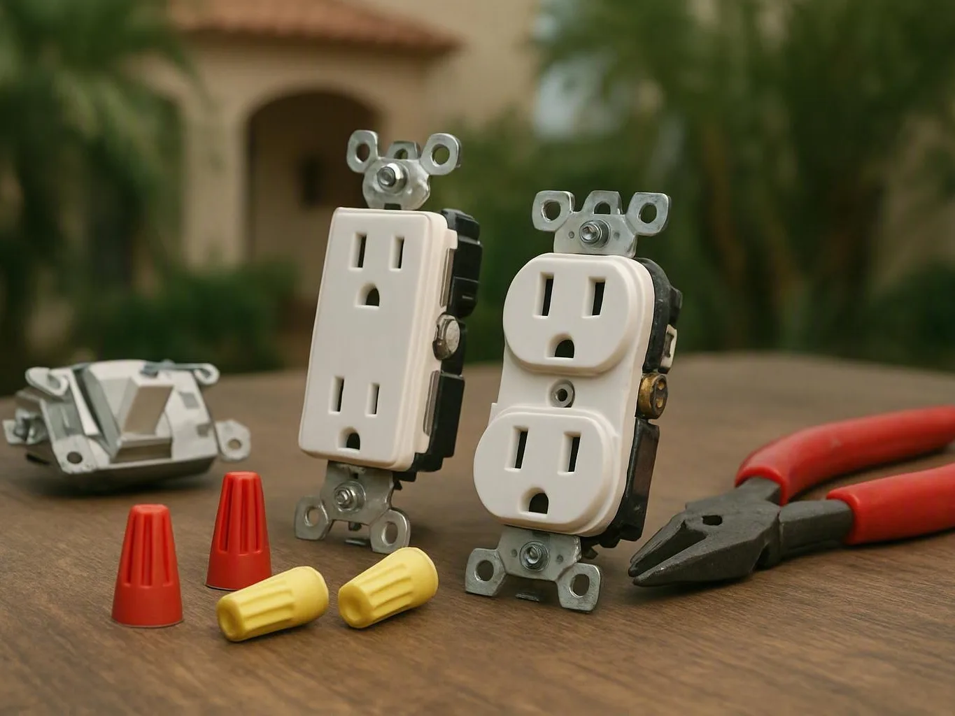 Electrical outlets, wire nuts, switch, and red-handled pliers arranged on an