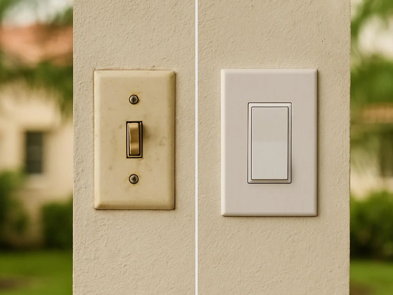 Old dirty wall switch beside a clean modern switch on a beige exterior wall