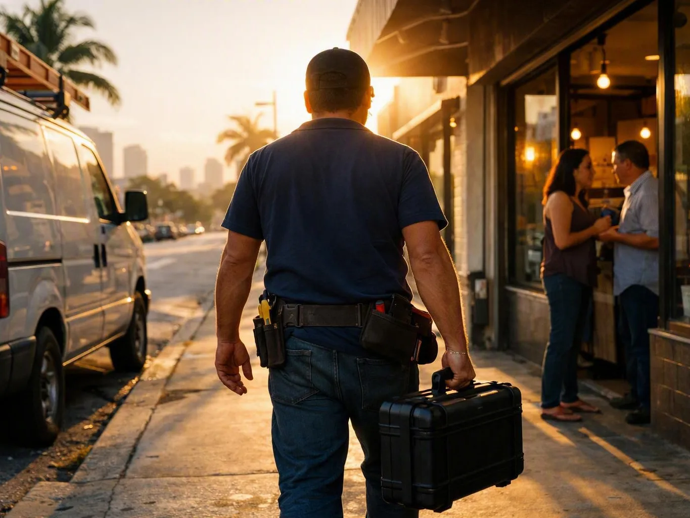 Worker carrying a black electrical case along a sunny sidewalk beside a