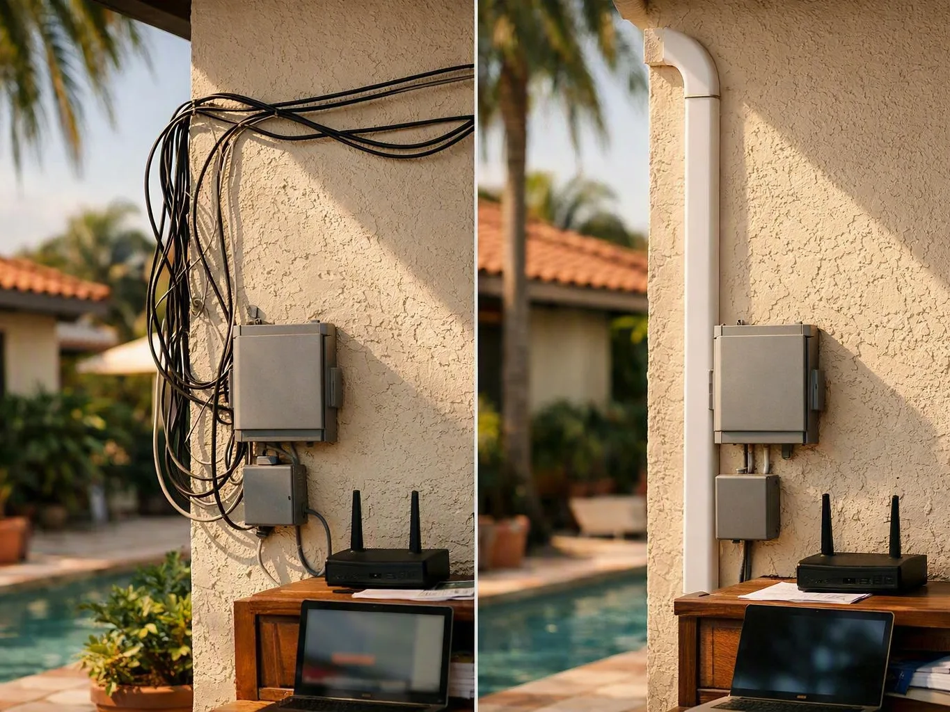 Patio wall comparing tangled electrical cables with neatly installed white