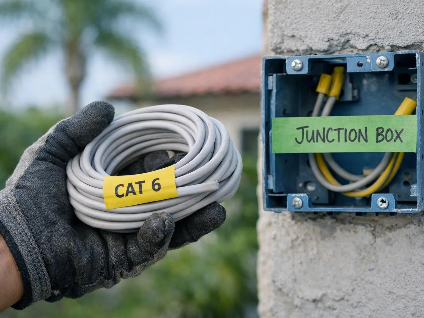 Gloved hand holds coiled CAT 6 cable beside an open junction box on a concrete