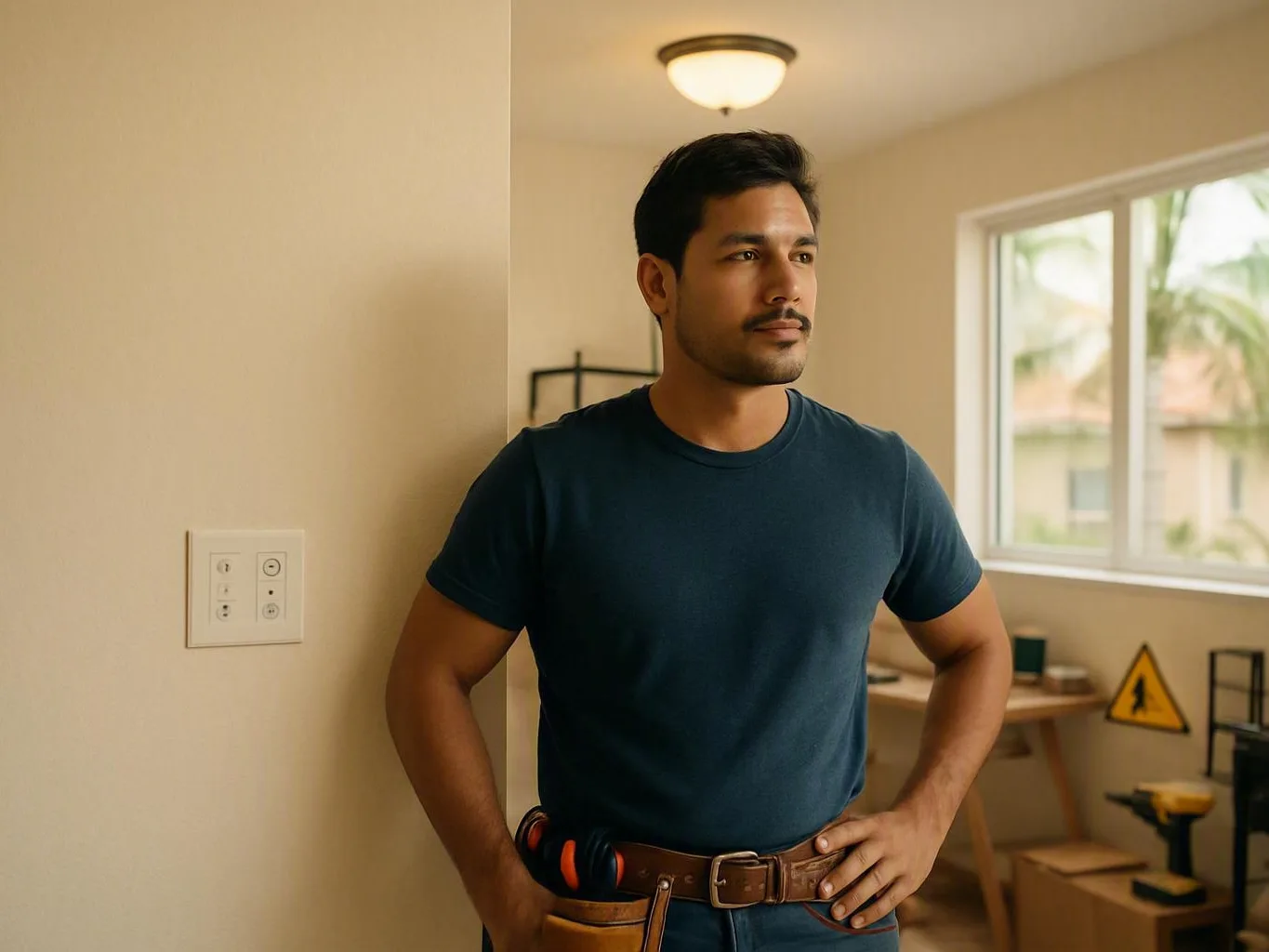 Man stands near a bright window, desk, and electrical tools inside a home