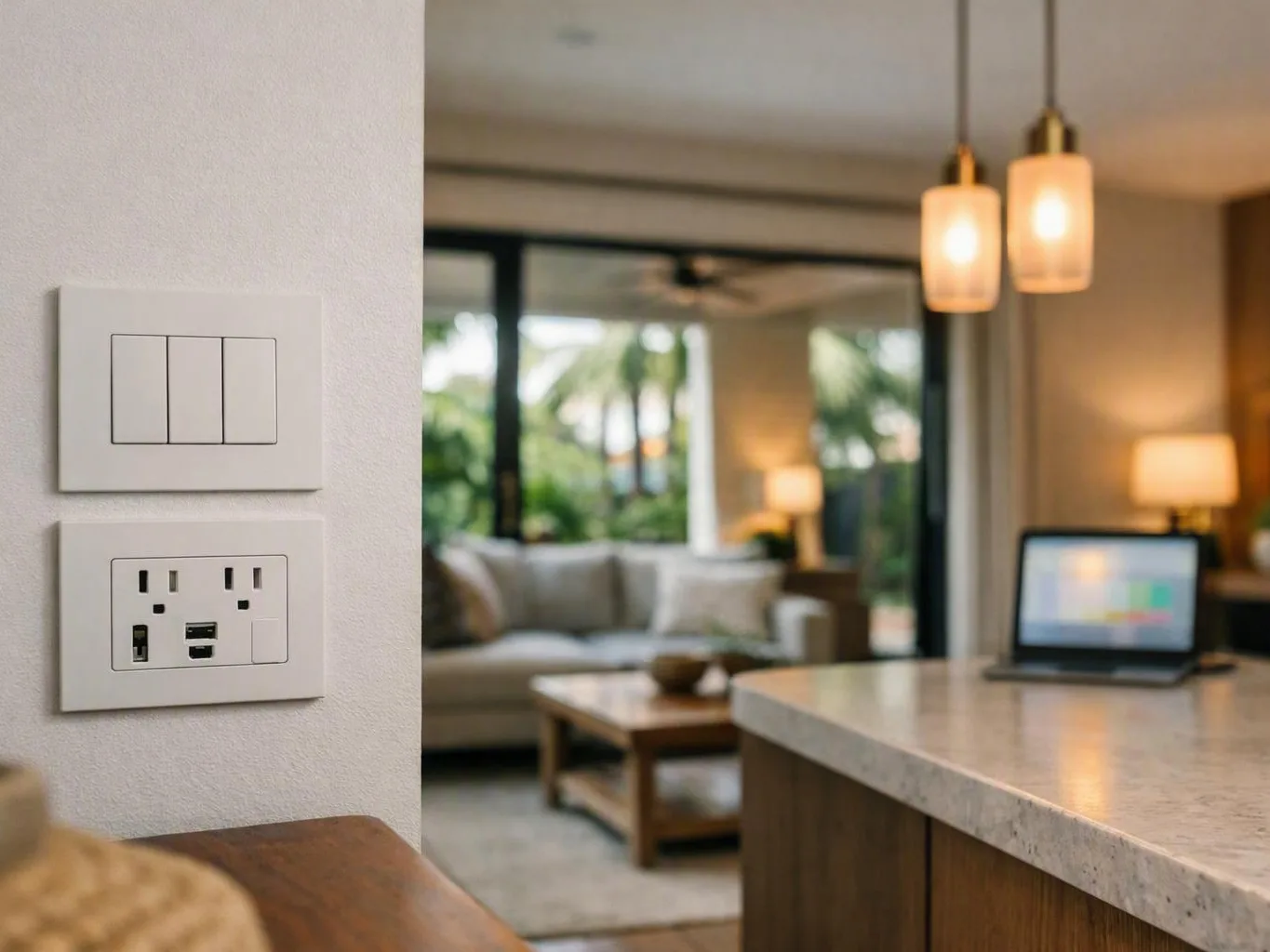 Modern home interior with light switches, wall outlet, kitchen counter, and