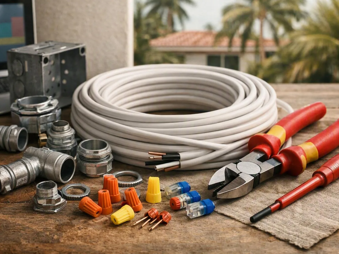 Coiled electrical cable, metal conduit fittings, wire connectors, and pliers on