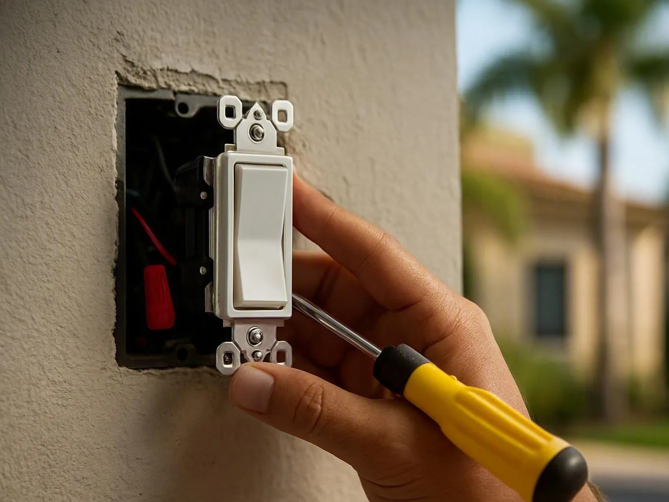 Hand installs a white wall light switch with a yellow screwdriver beside an