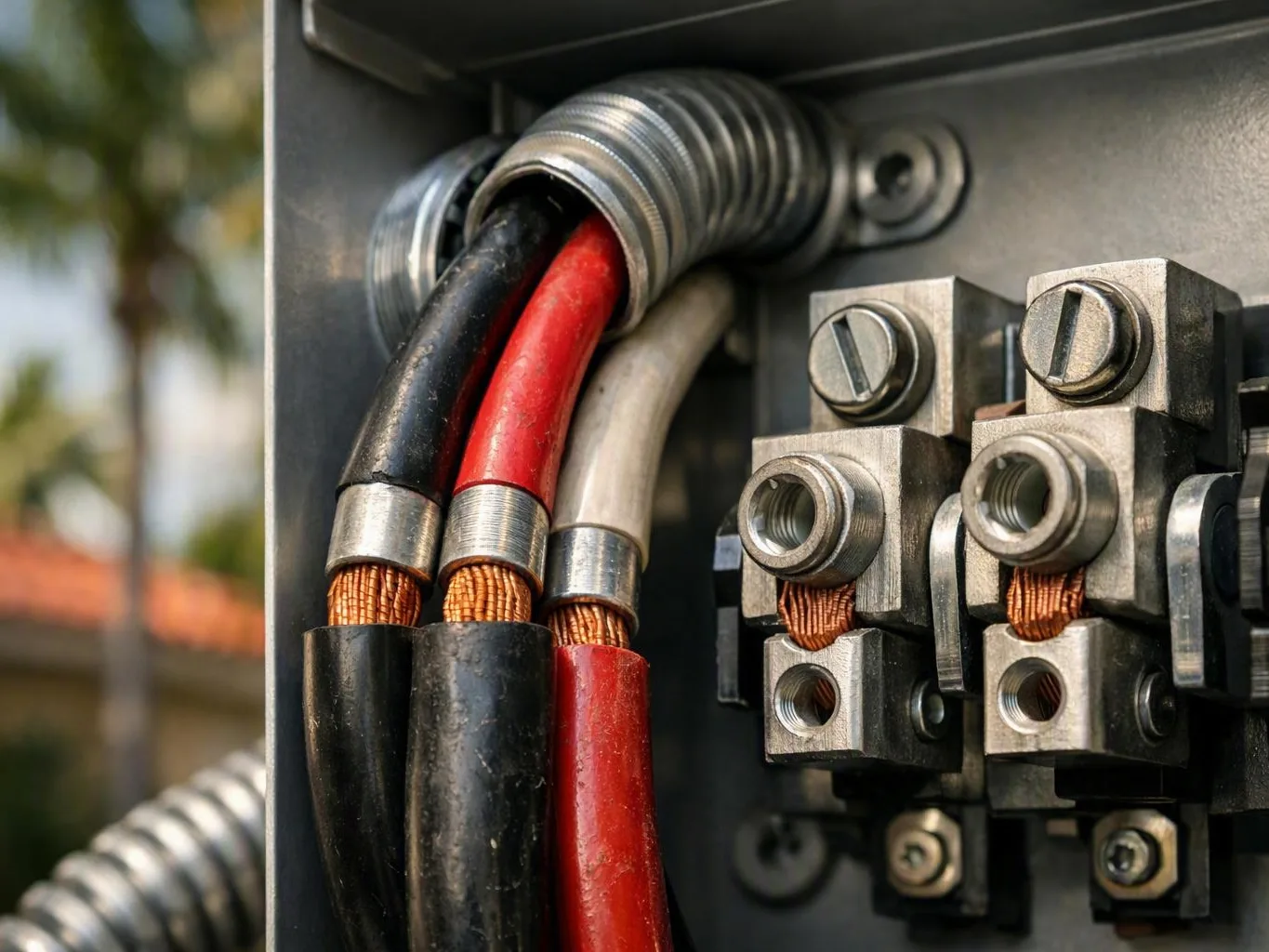 Thick red, black, and white electrical cables secured inside a metal junction