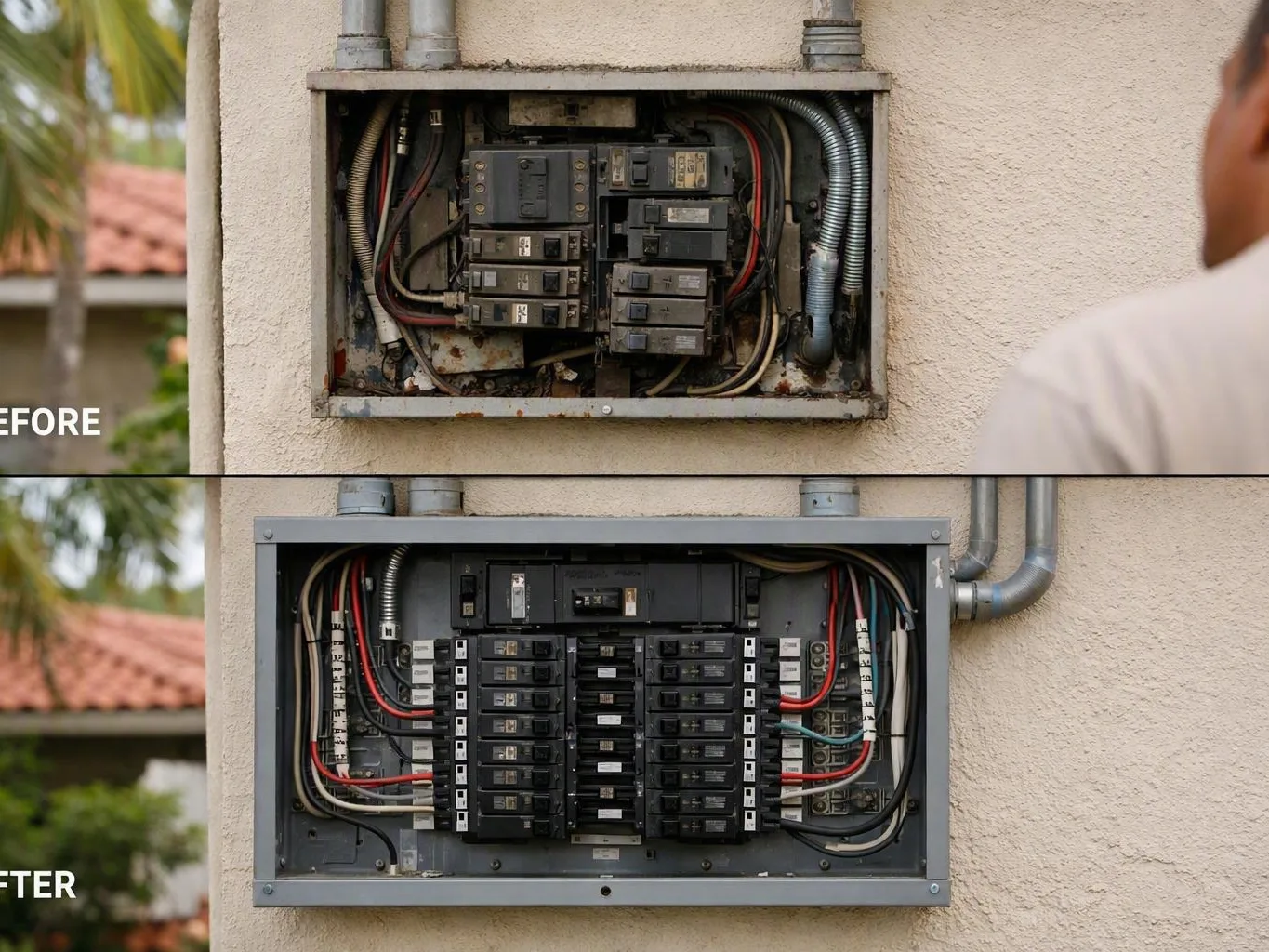Outdoor electrical breaker panel shown before and after a clean upgrade