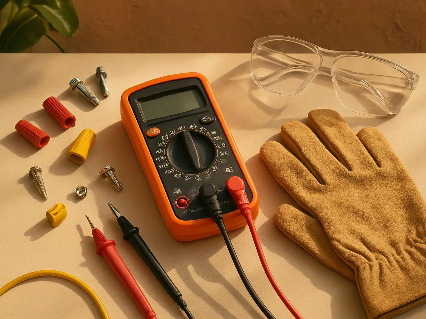 Multimeter, safety glasses, gloves, probes, and metal electrical connectors