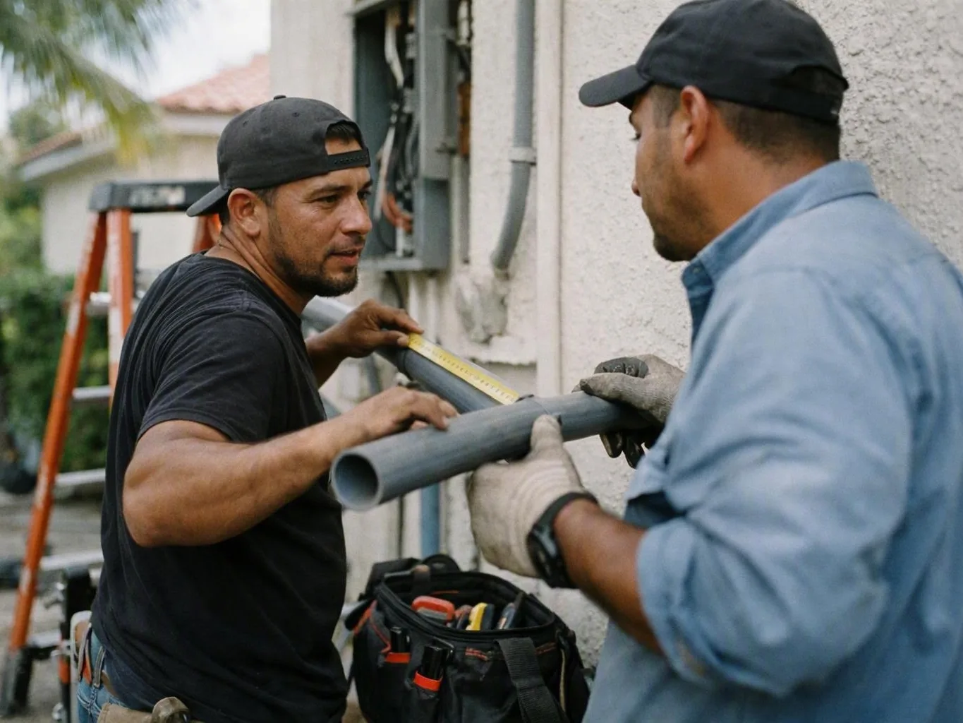 Two workers measure a gray pipe beside a stucco wall near a ladder and tool bag