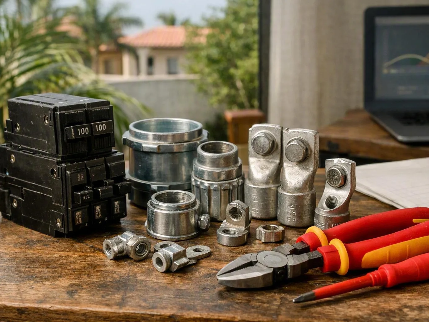 Electrical breaker parts and metal cable lugs arranged beside red-handled