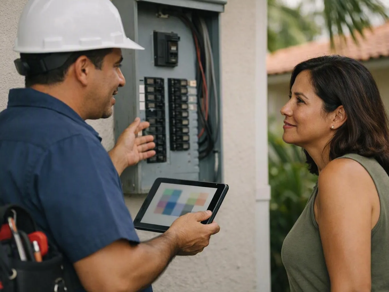 Electrician showing a tablet to a woman beside an open electrical panel outdoors