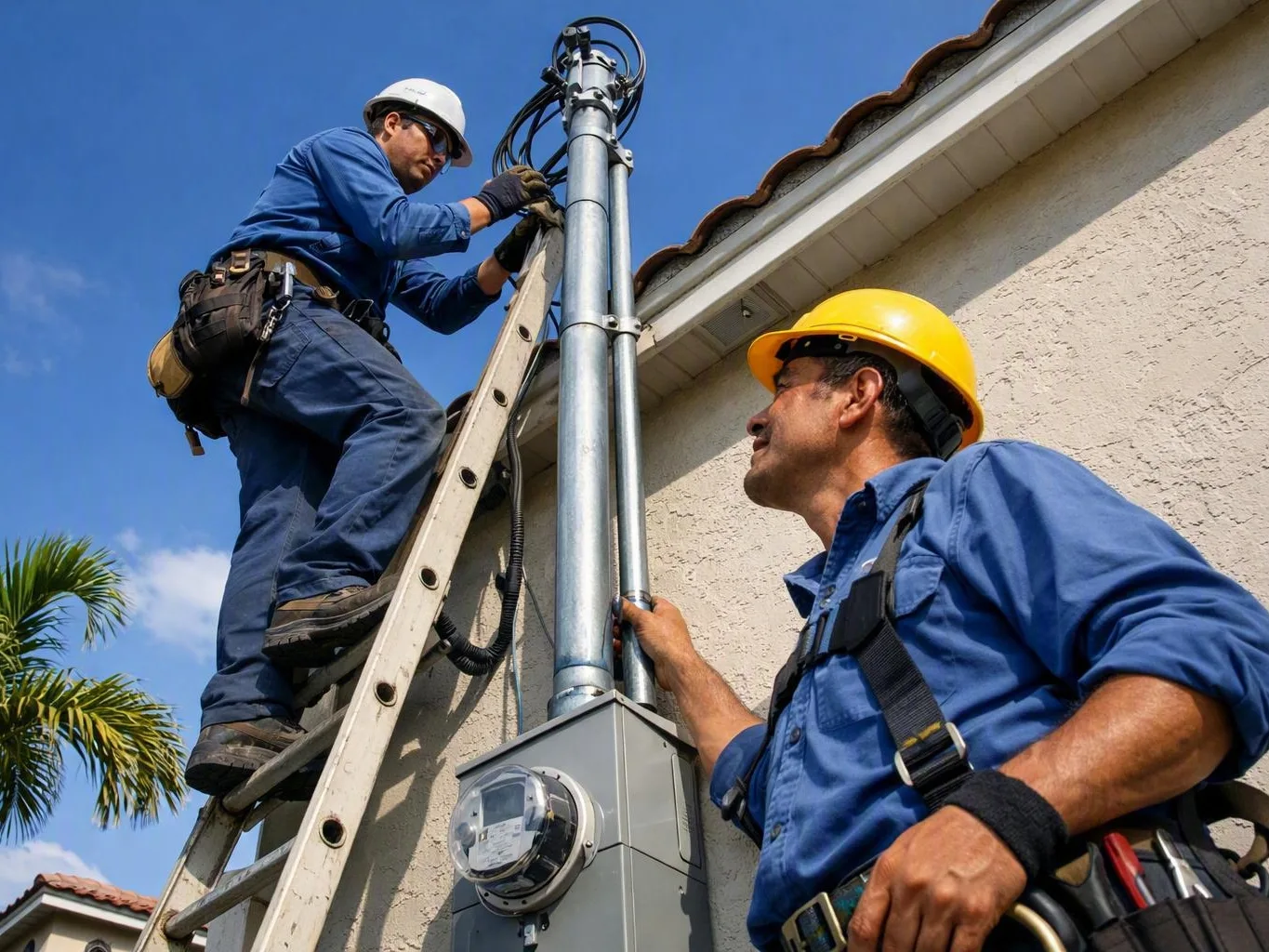 Two electricians install conduit on a house wall, with one working from a ladder