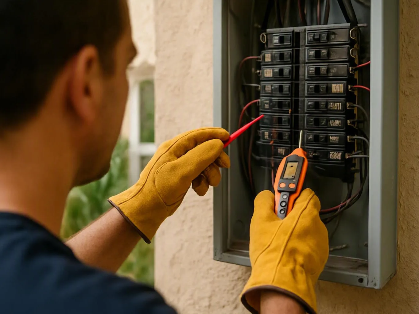 Technician inspecting generator transfer wiring beside a home