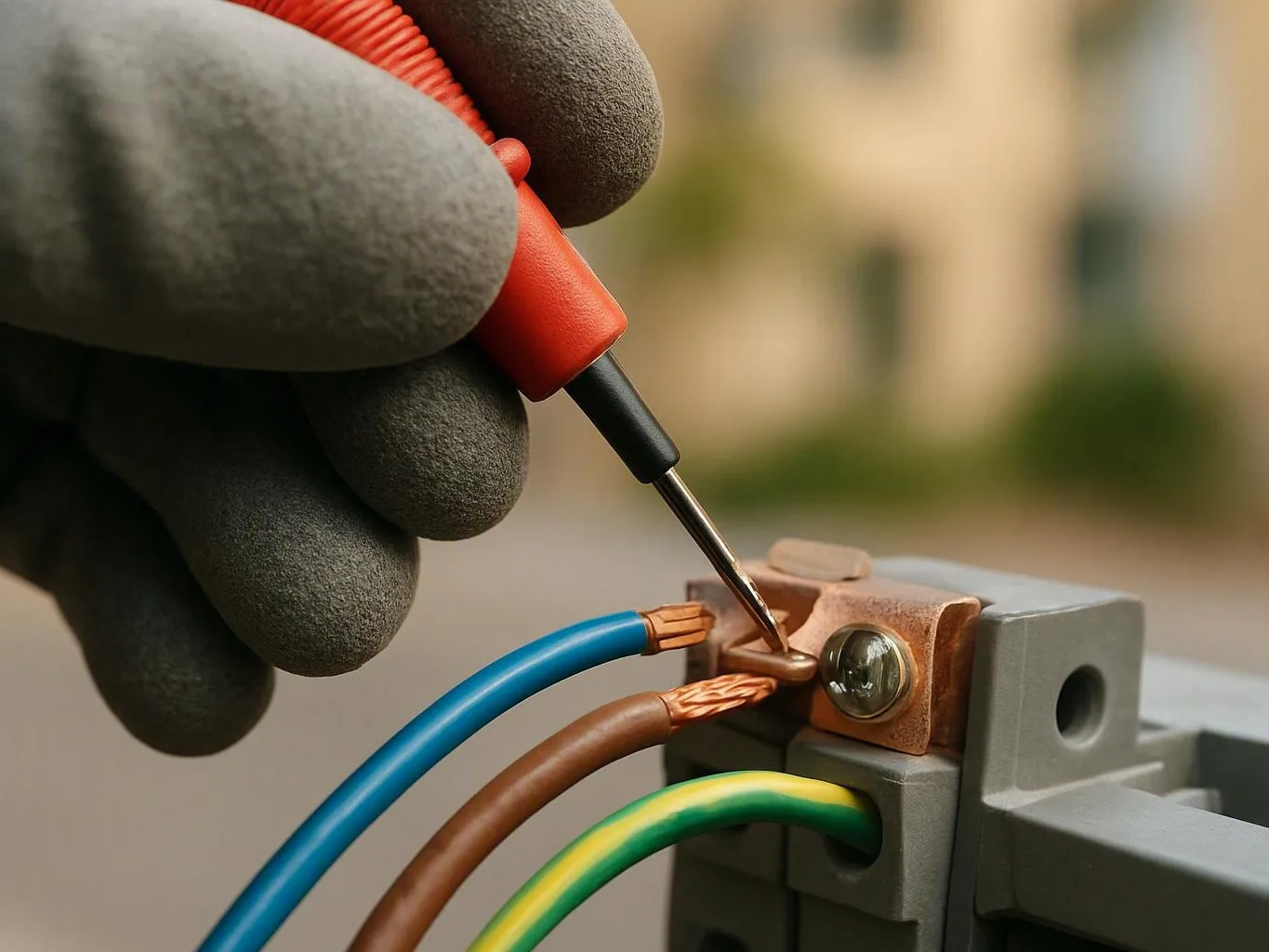 Gloved electrician tightens wires in an outdoor electrical terminal block with