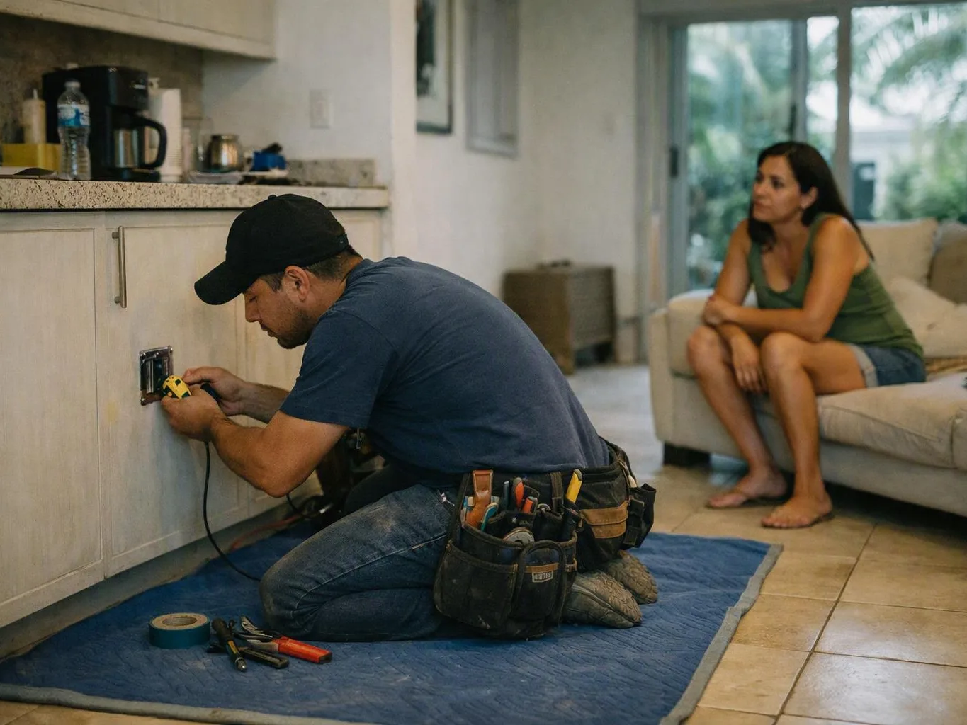 Handyman repairing a kitchen outlet while a woman watches from a nearby sofa