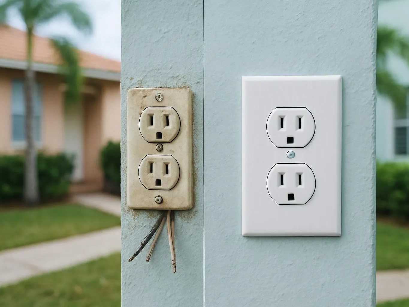 Two outdoor wall outlets on a stucco pillar, showing damaged and newly replaced