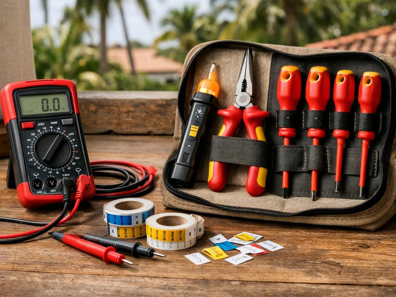 Digital multimeter, voltage tester, hand tools, test leads, and wire labels