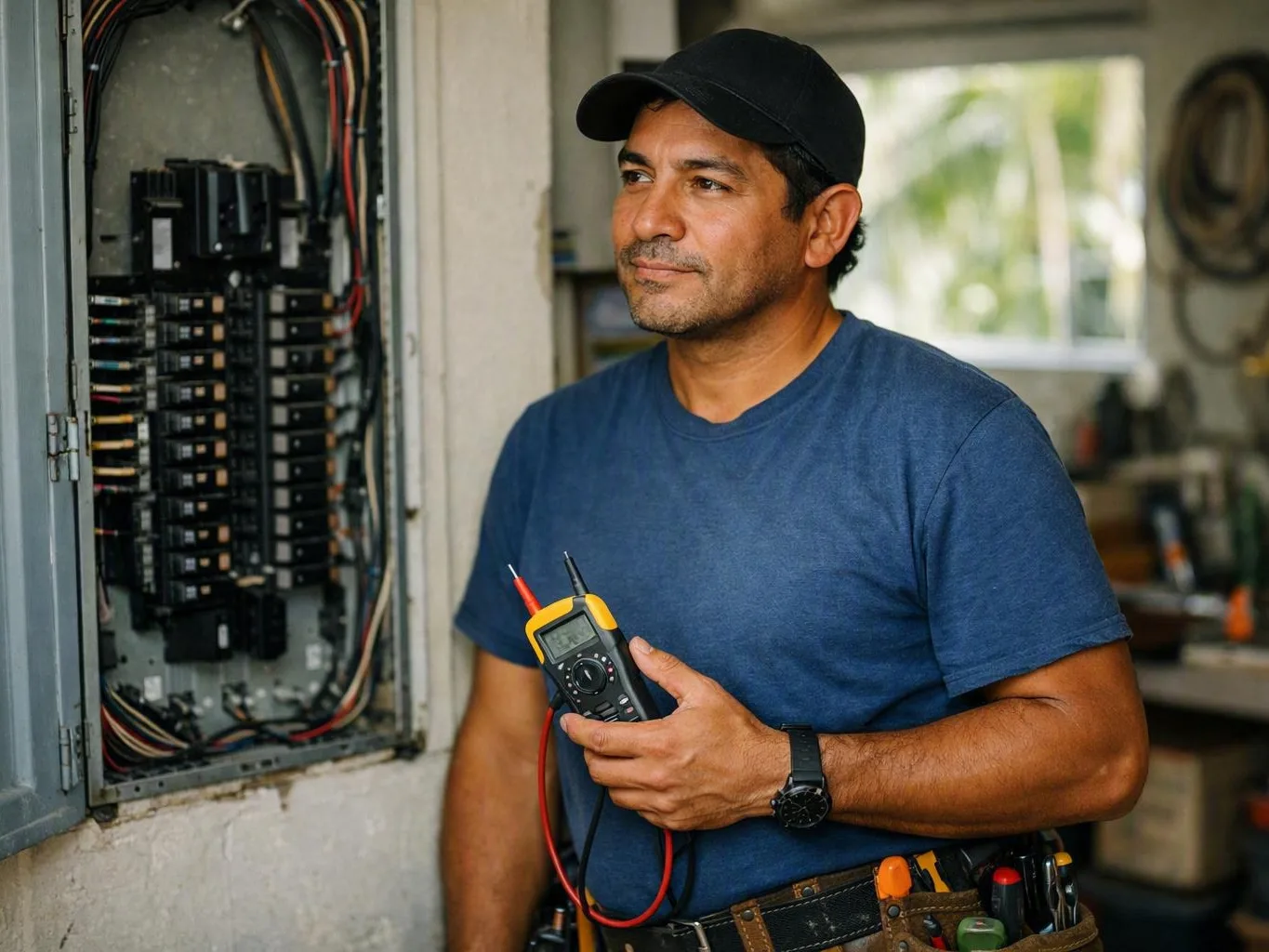Electrician checking an indoor electrical panel with a multimeter