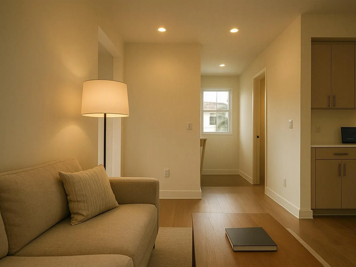 Beige living room with a lit floor lamp, sofa, coffee table, and hallway