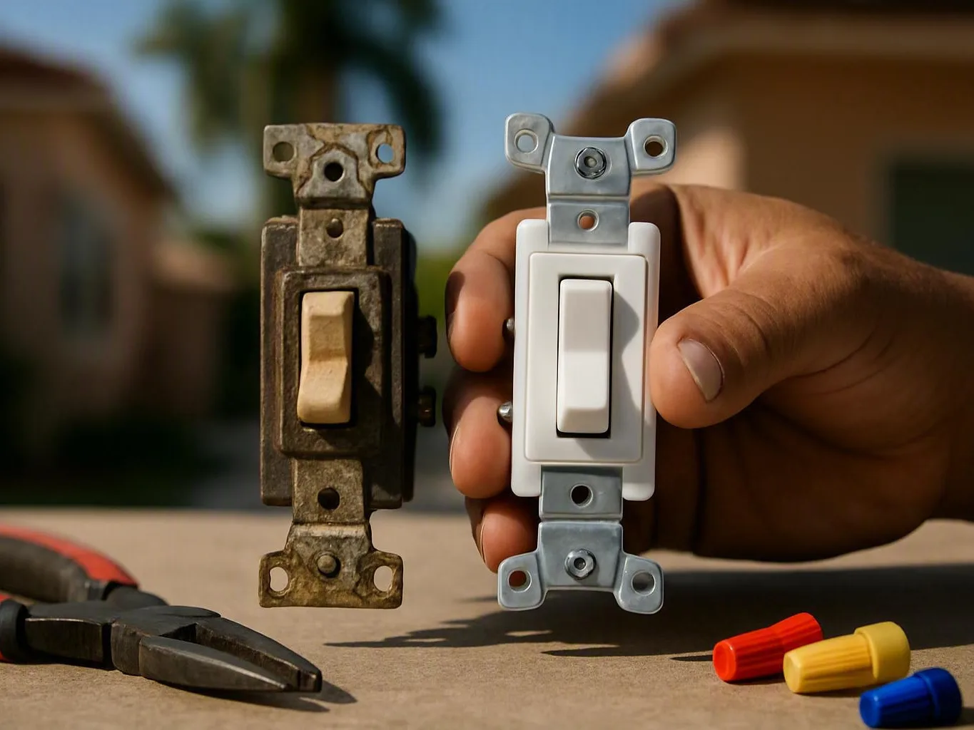 Hand holding a new white light switch beside an old rusty switch and tools