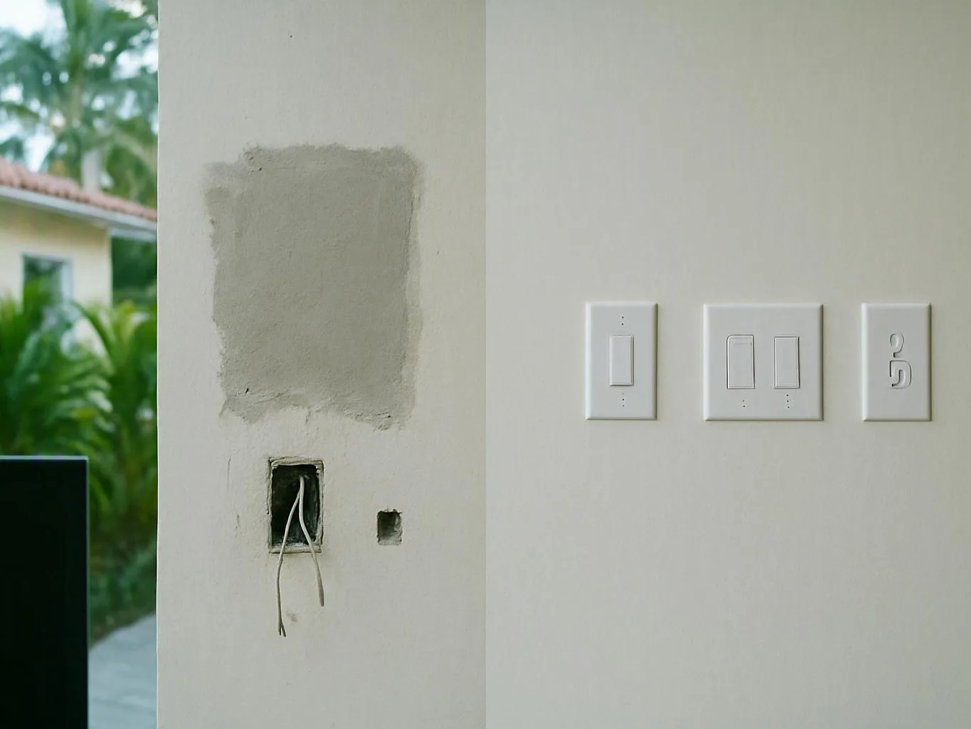 Partially finished wall with an open electrical box and three white light — Can Older Miami Homes Support Modern LED Fixtu...