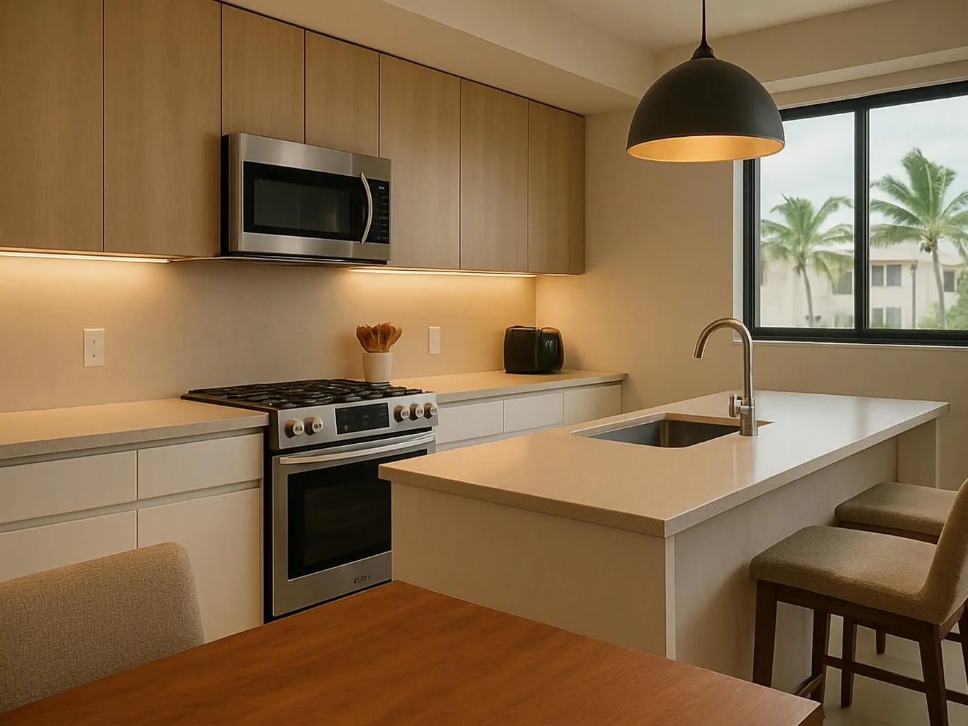 Modern kitchen with wood cabinets, large island, stainless appliances, and palm