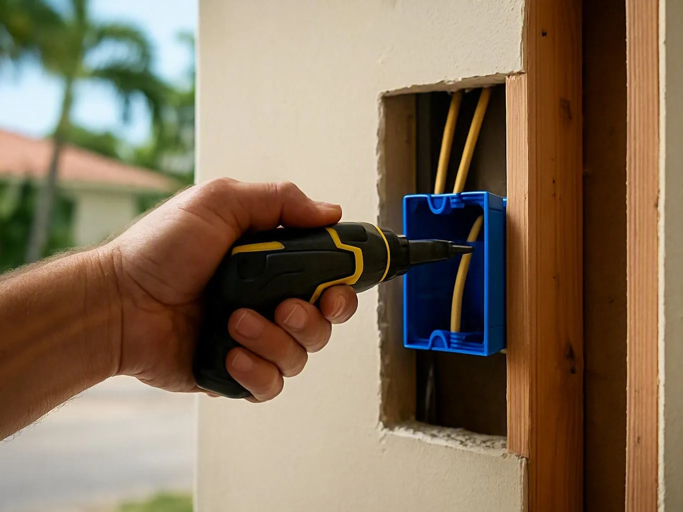 Hand using a drill on a blue electrical box inside an outdoor wall cutout