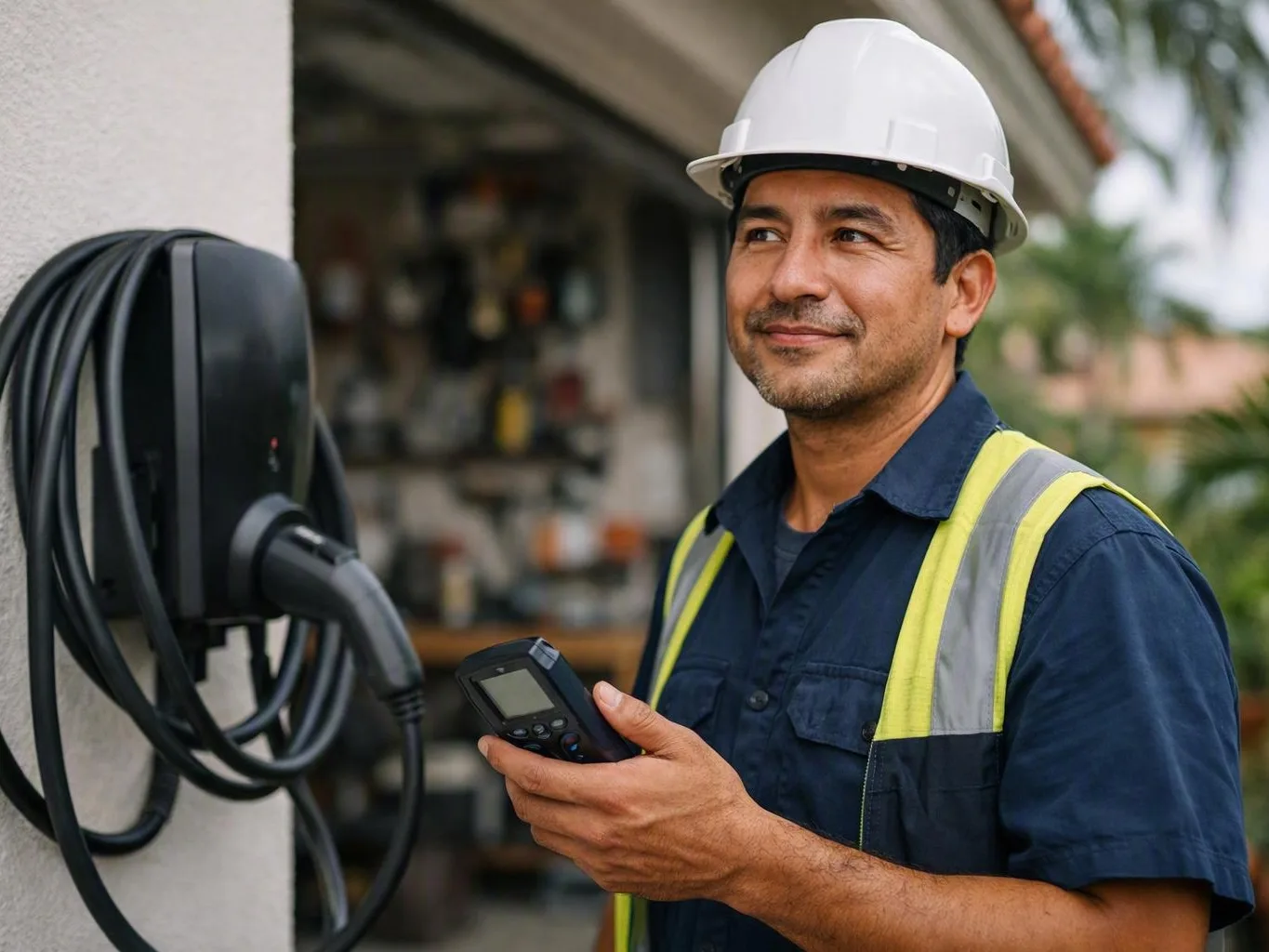 Worker in a hard hat checks an outdoor wall-mounted electric vehicle charging — When Should Outdoor Lights Be Checked Afte...