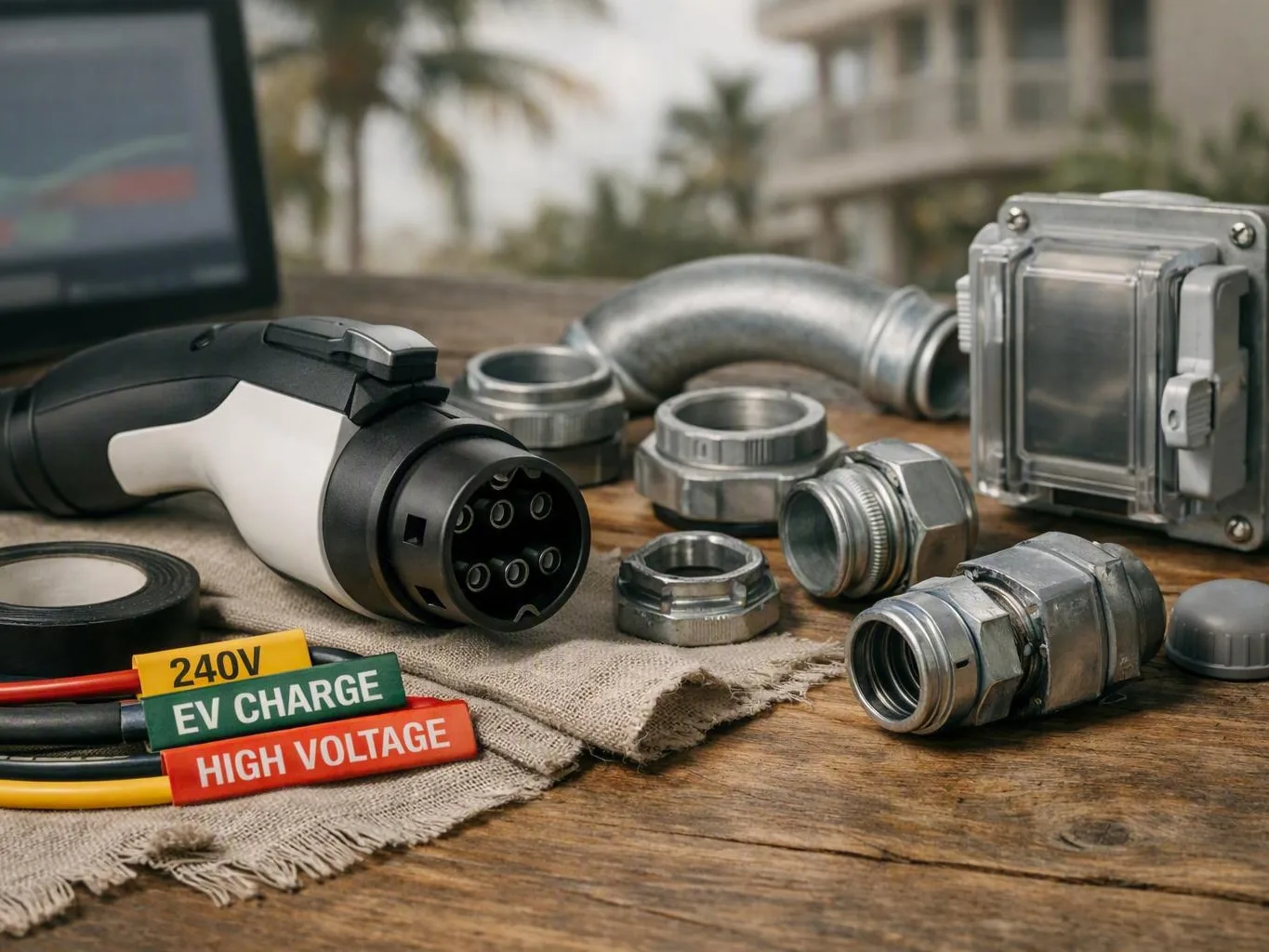 Electric vehicle charging plug, conduit parts, and labeled cables arranged on