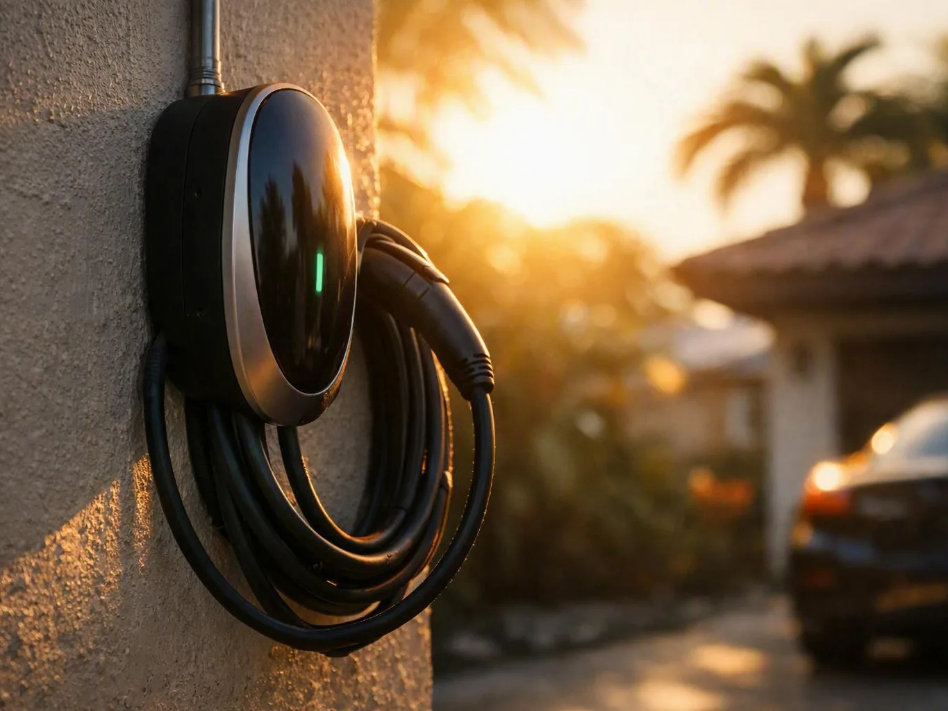 Wall-mounted electric vehicle charger with coiled cable outside a home at sunset