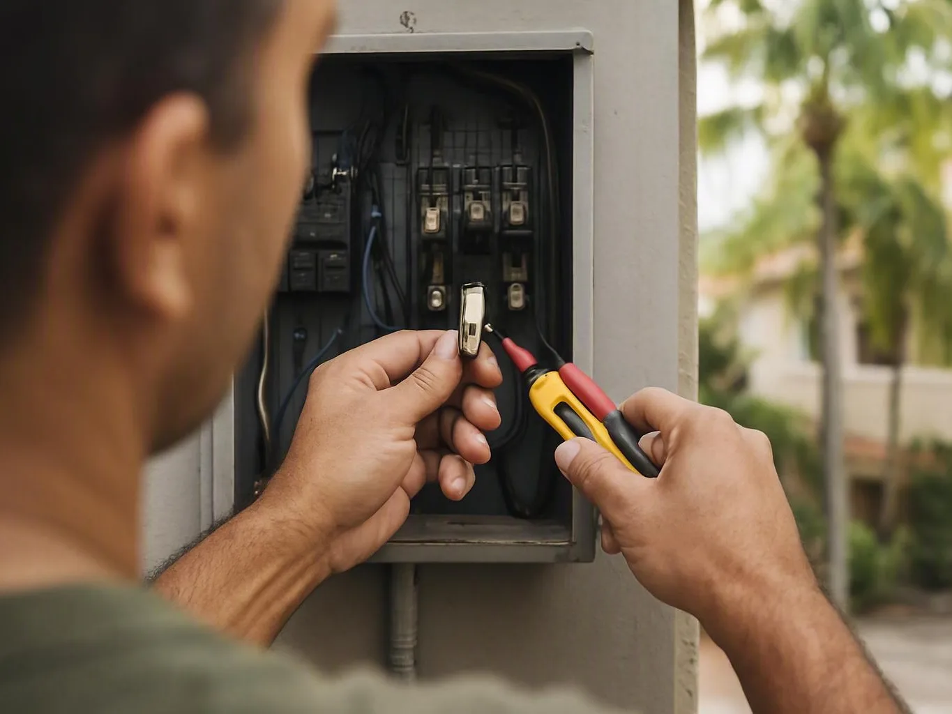 Electrician testing a breaker panel inside a home — Is Emergency Electrical Service Different from Regular Repair?