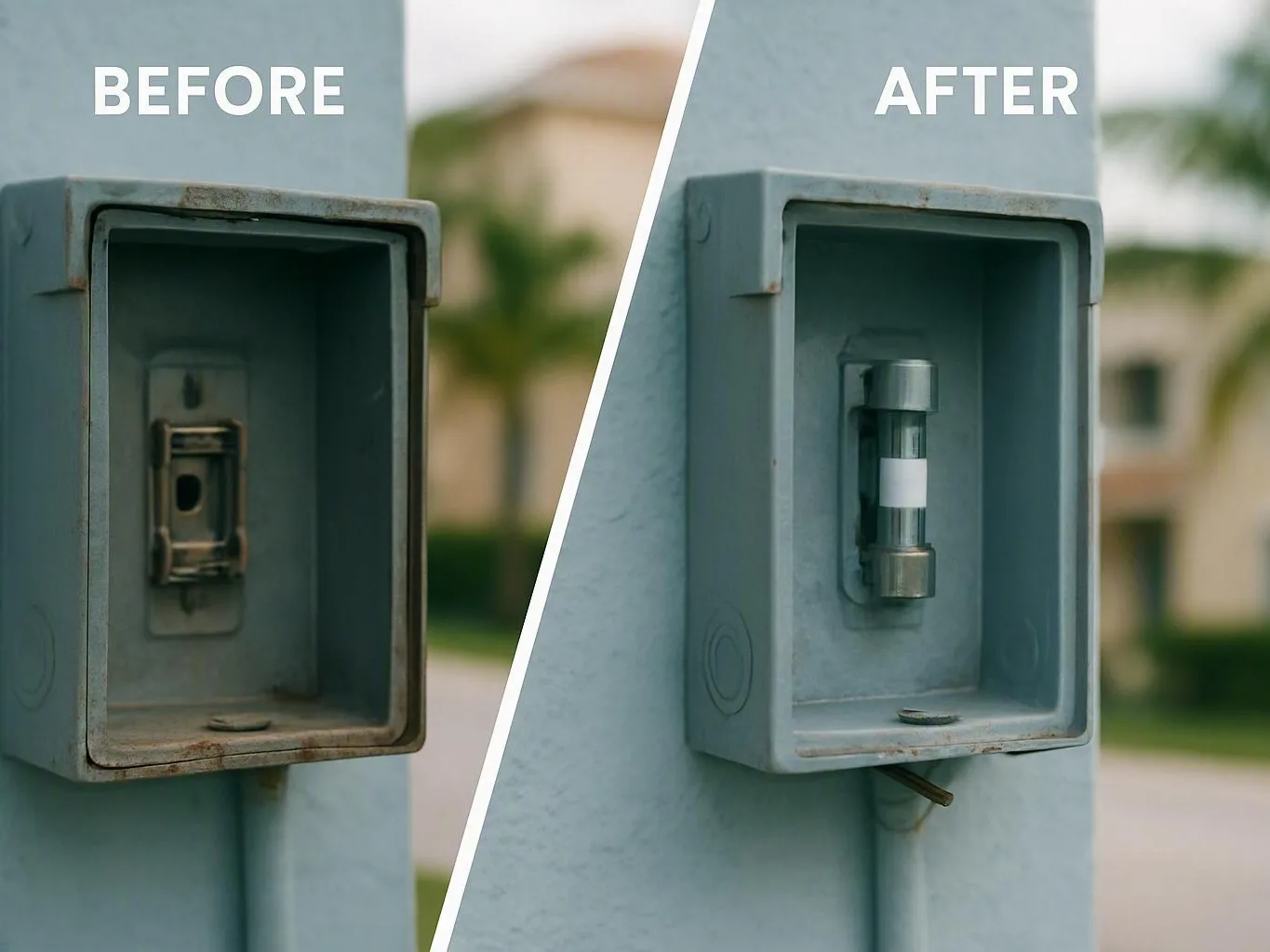 Split view showing a damaged electrical box and repaired fuse holder