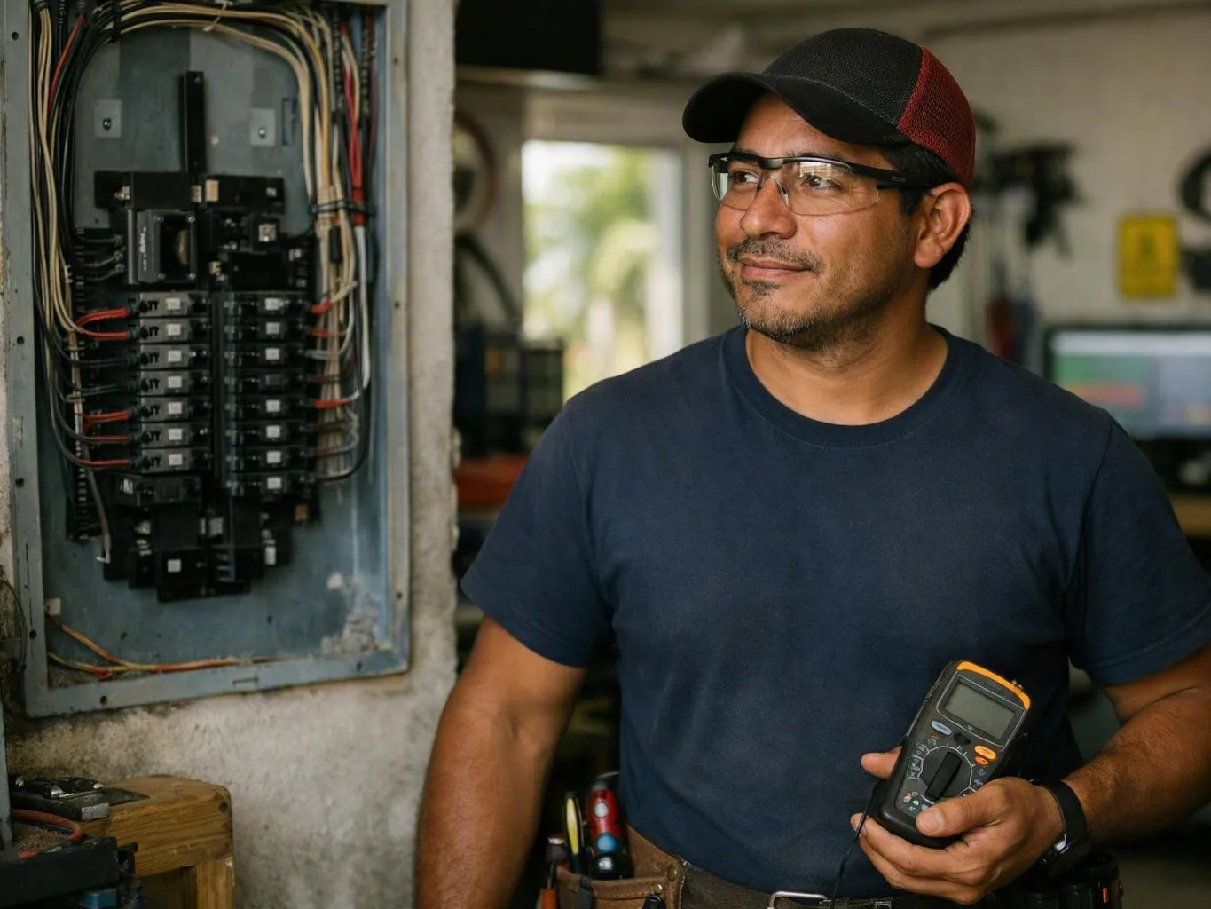Electrician wearing safety glasses tests an open electrical panel with a