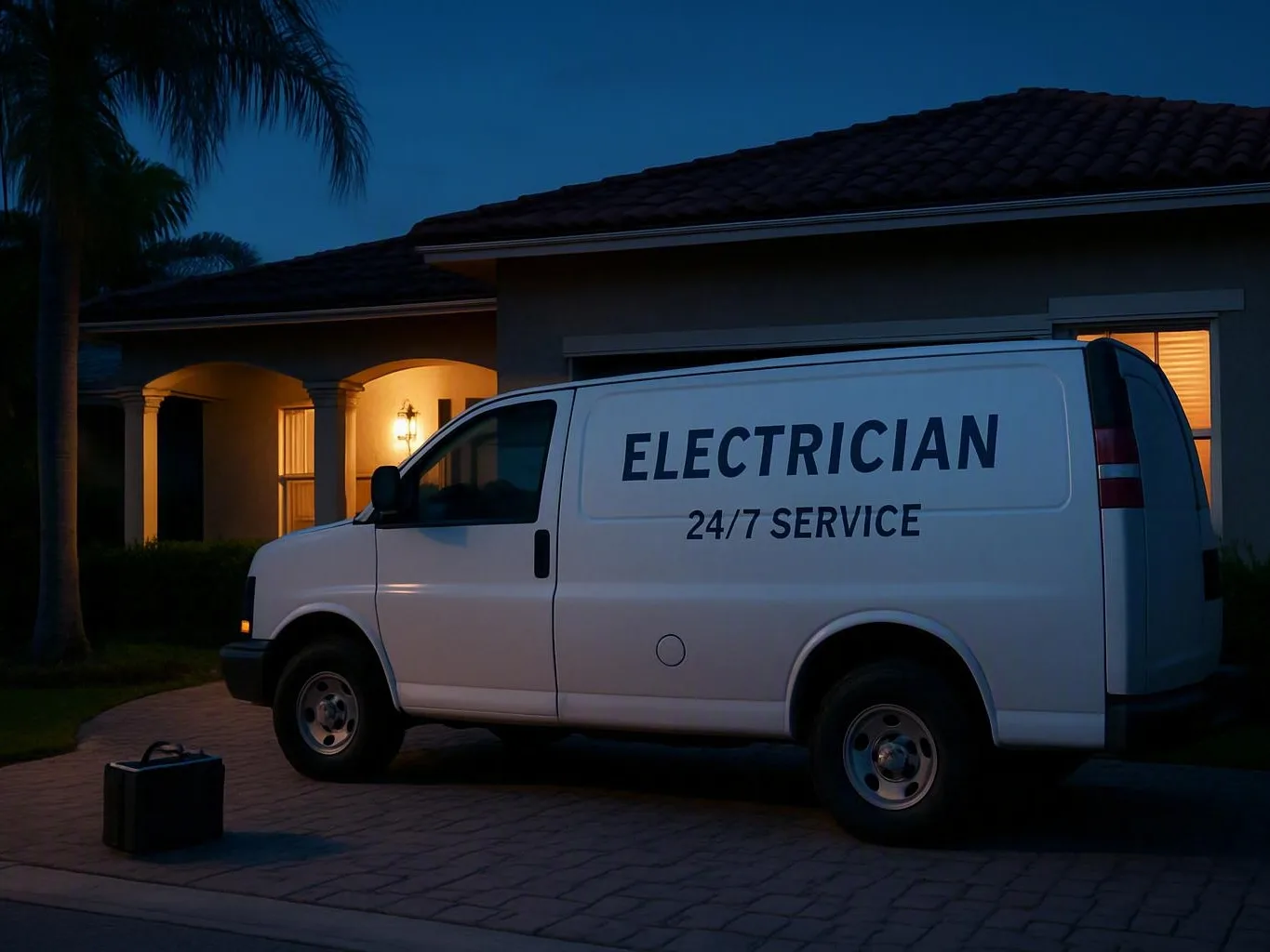 White electrician service van parked beside a lit house at dusk
