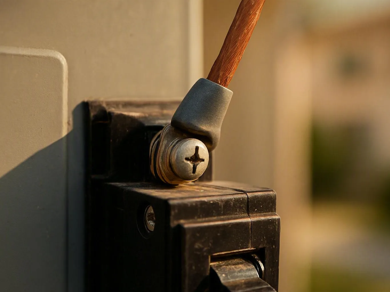 Close-up of a copper wire secured by a screw inside a black electrical breaker box