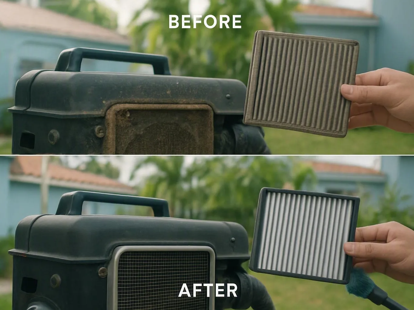 Hand holds dirty and clean air filters beside a black outdoor appliance