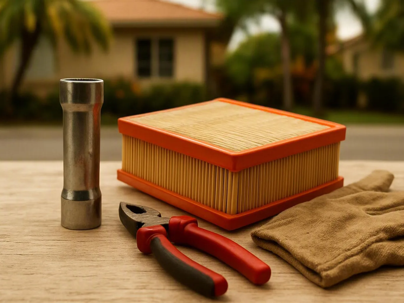 Car air filter, socket, pliers, and work gloves arranged on an outdoor wooden