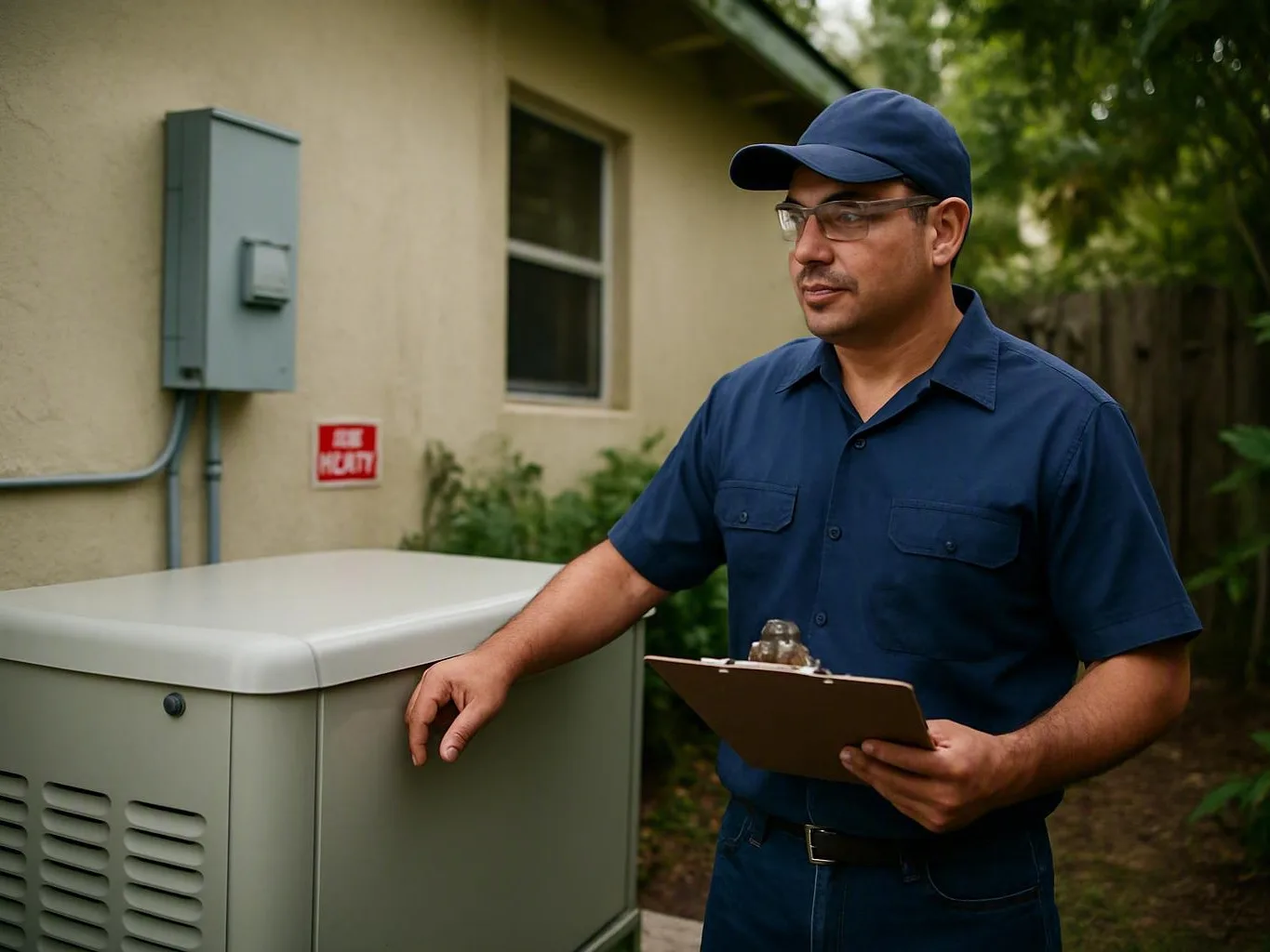 Technician inspects an outdoor generator beside a house while holding a