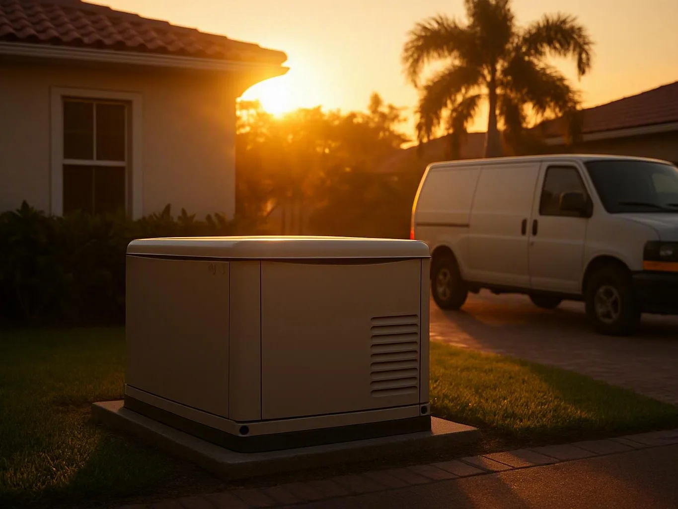 Beige backup generator sits on a lawn beside a house, with a white van at sunset