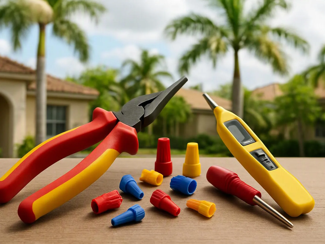 Pliers, a voltage tester, and colored wire connectors lie on a table outdoors with palm trees behind them