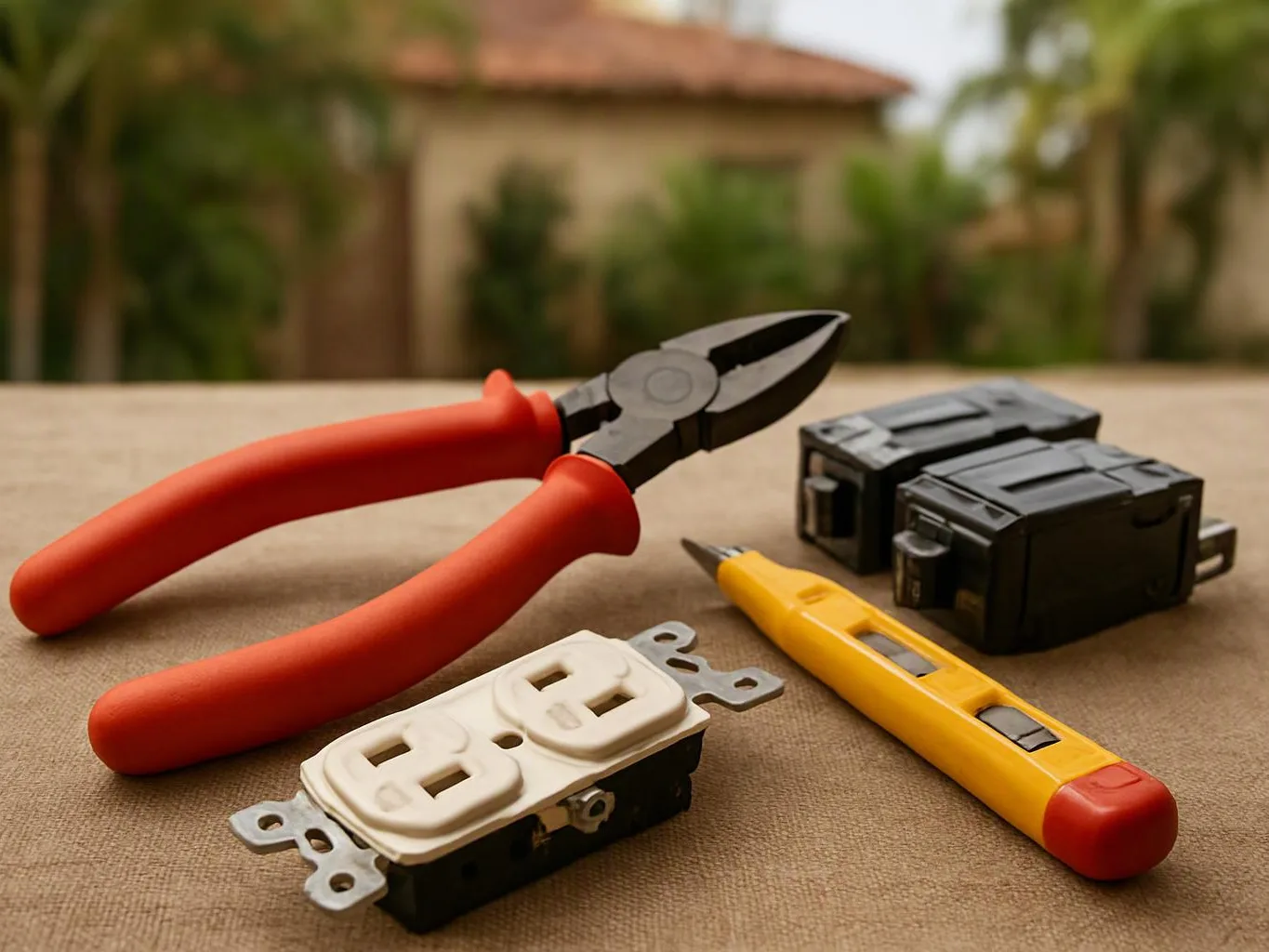 Pliers, a voltage tester, outlet parts, and wire connectors sit on a cloth-covered surface outdoors