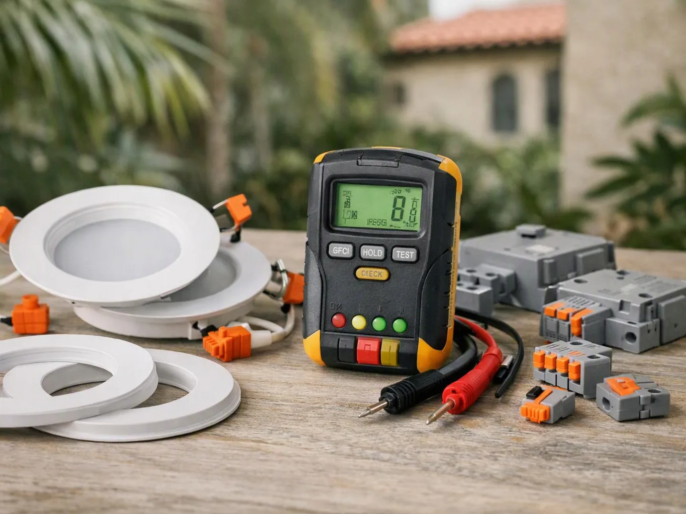A portable electrical tester stands on a wooden table beside recessed light trim and wire connectors outdoors