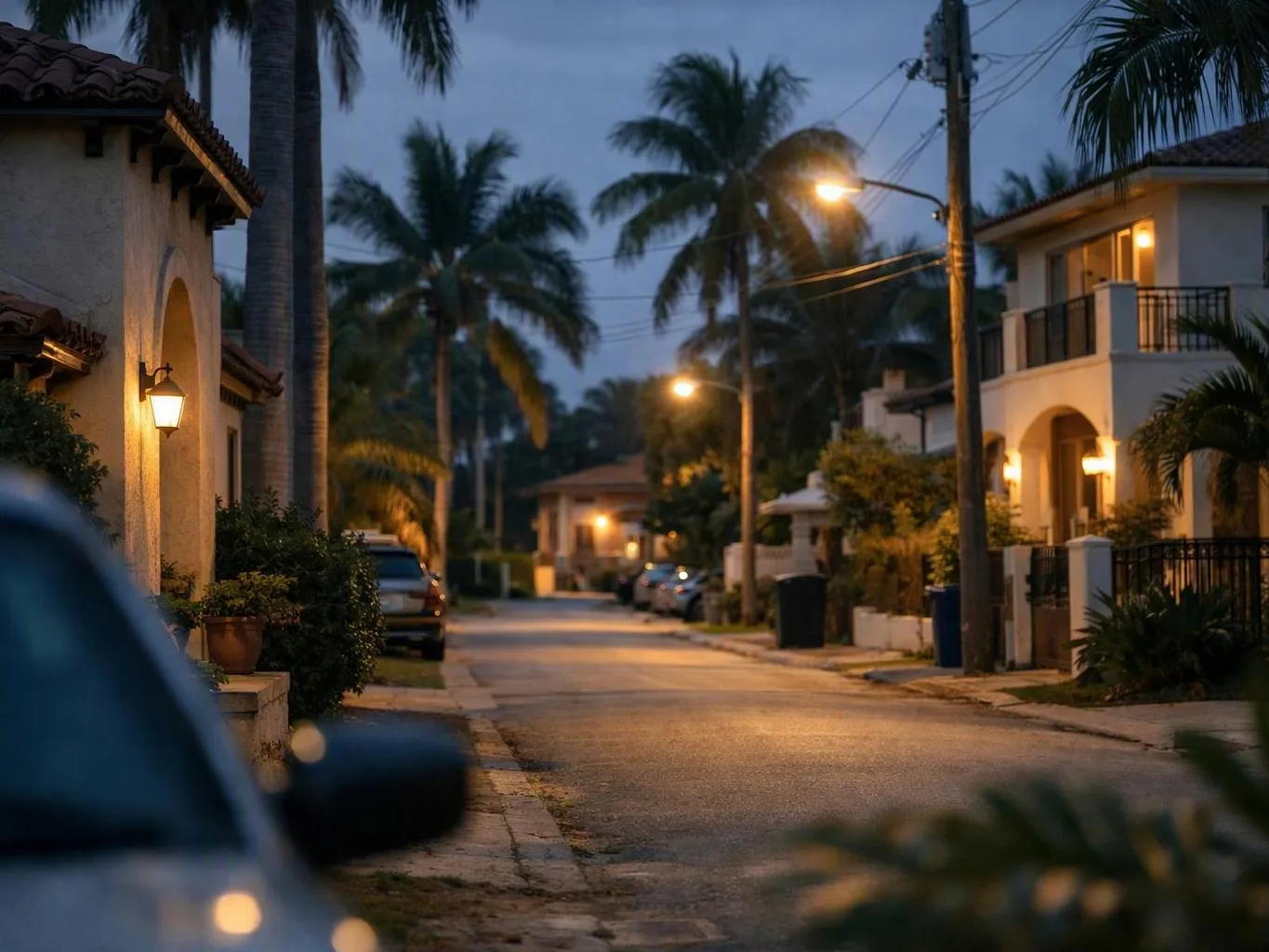 A quiet residential street at dusk shows palm trees, lit houses, parked cars, and glowing streetlights